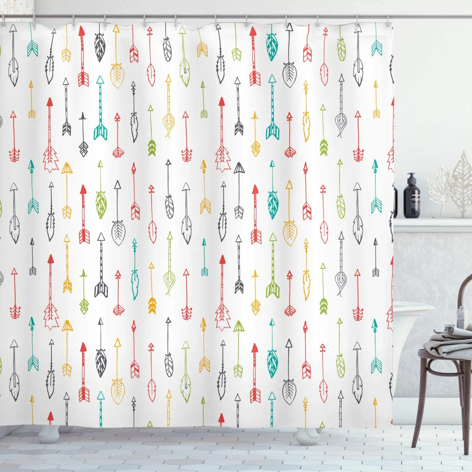 

Arrows Shower Curtain, Colorful Hand Drawn Doodle Style Fun Art with Boho Style Arrows Vertical , Cloth Fabric Bathroom Decor