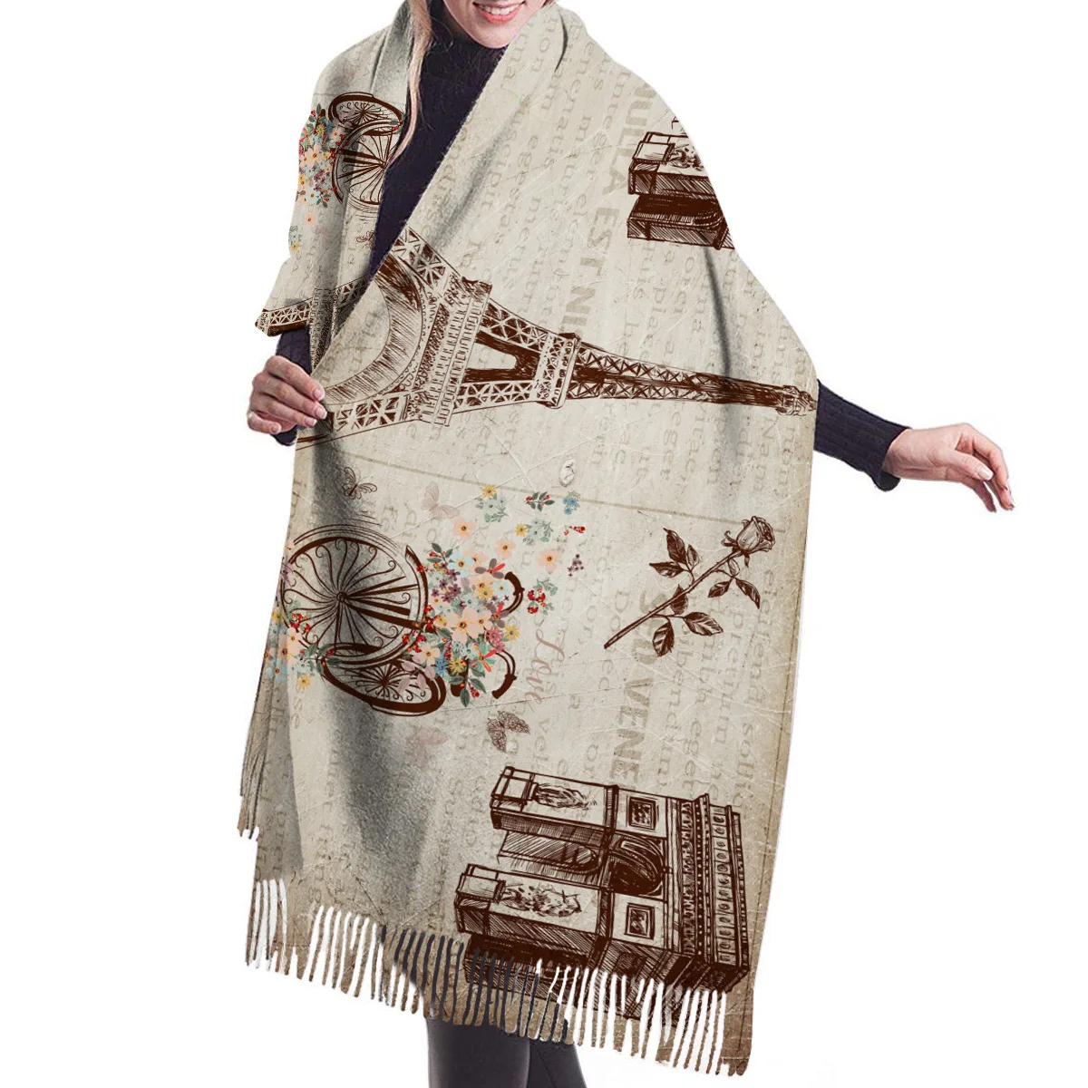 Зимний женский шарф теплая кашемировая ткань с изображением газеты Эйфелевой