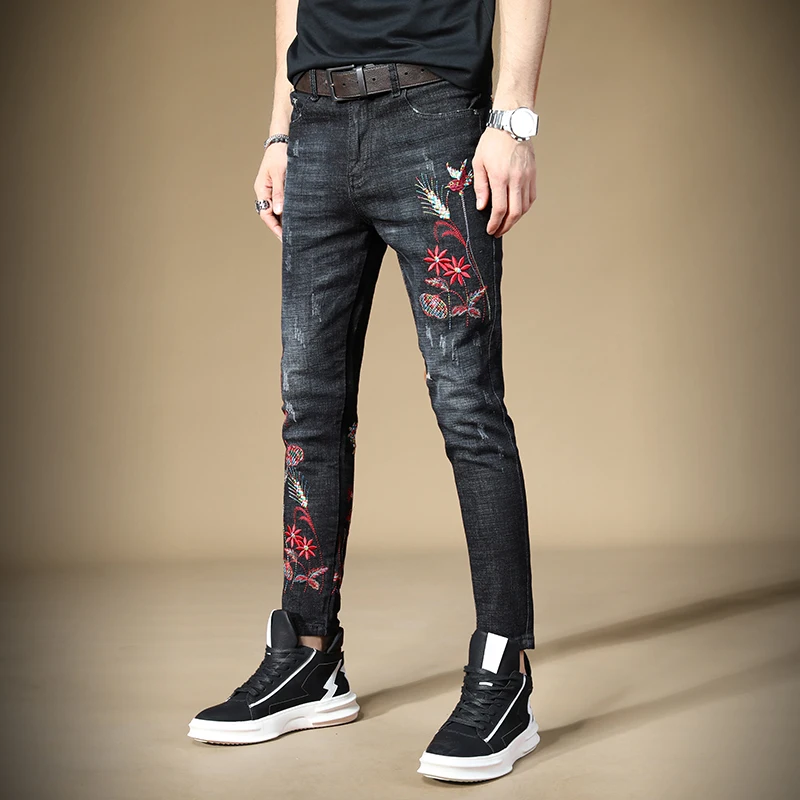 Бесплатная доставка новинка мужские черные джинсы с вышивкой 98% хлопок узкие