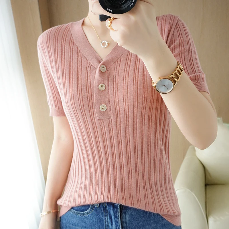 

Облегающая модная кашемировая шерстяная футболка, однотонный вязаный тонкий пуловер с V-образным вырезом, новая продукция, летняя брендова...