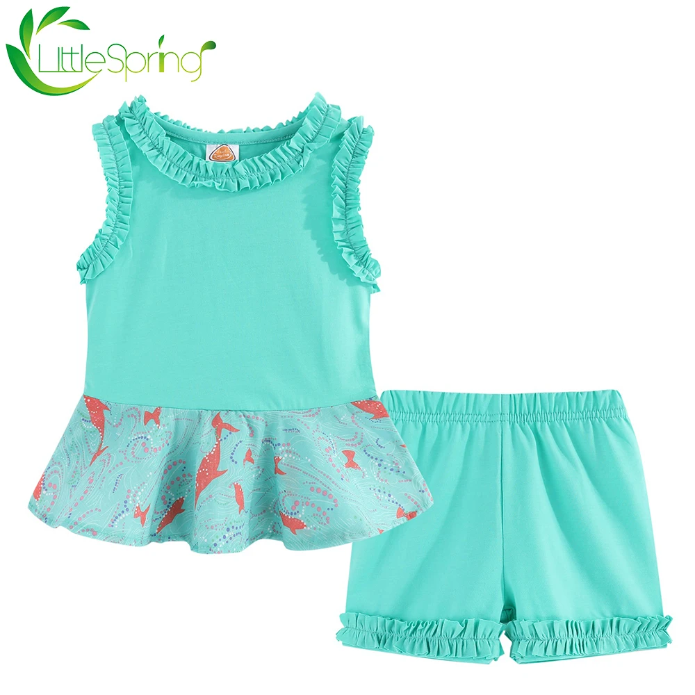LittleSpring/Летняя одежда без рукавов для девочек Повседневная с рюшами и круглым