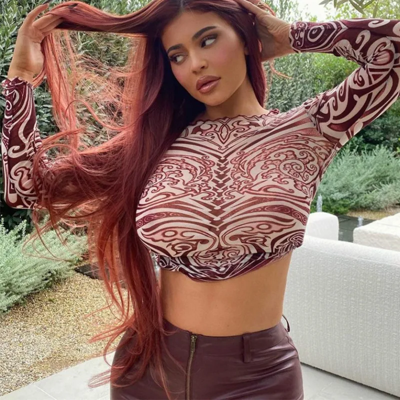 

Women's Basic Fashion See-through Tops Modern Urban Sexy Mesh Graphic Nine-point Tops Spring Full Sleeve 2021 New T-shirt Women