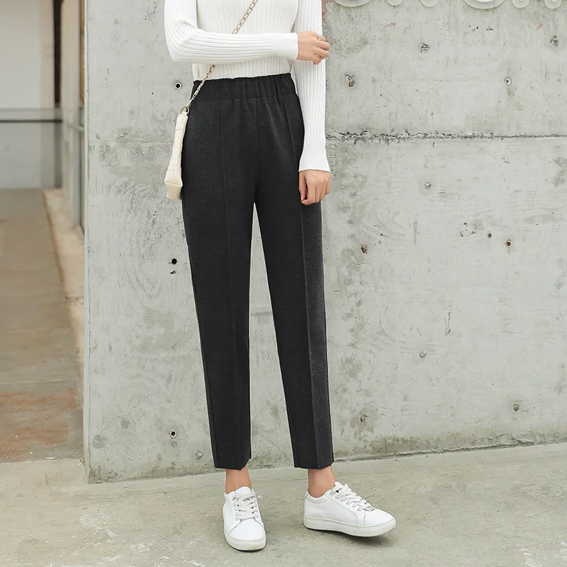 Dark Gray Шерстяные женские брюки длиной до щиколотки,, осенние зимние брюки, новые повседневные Прямые брюки, Свободные шерстяные шаровары с карманами - Цвет: Dark Gray