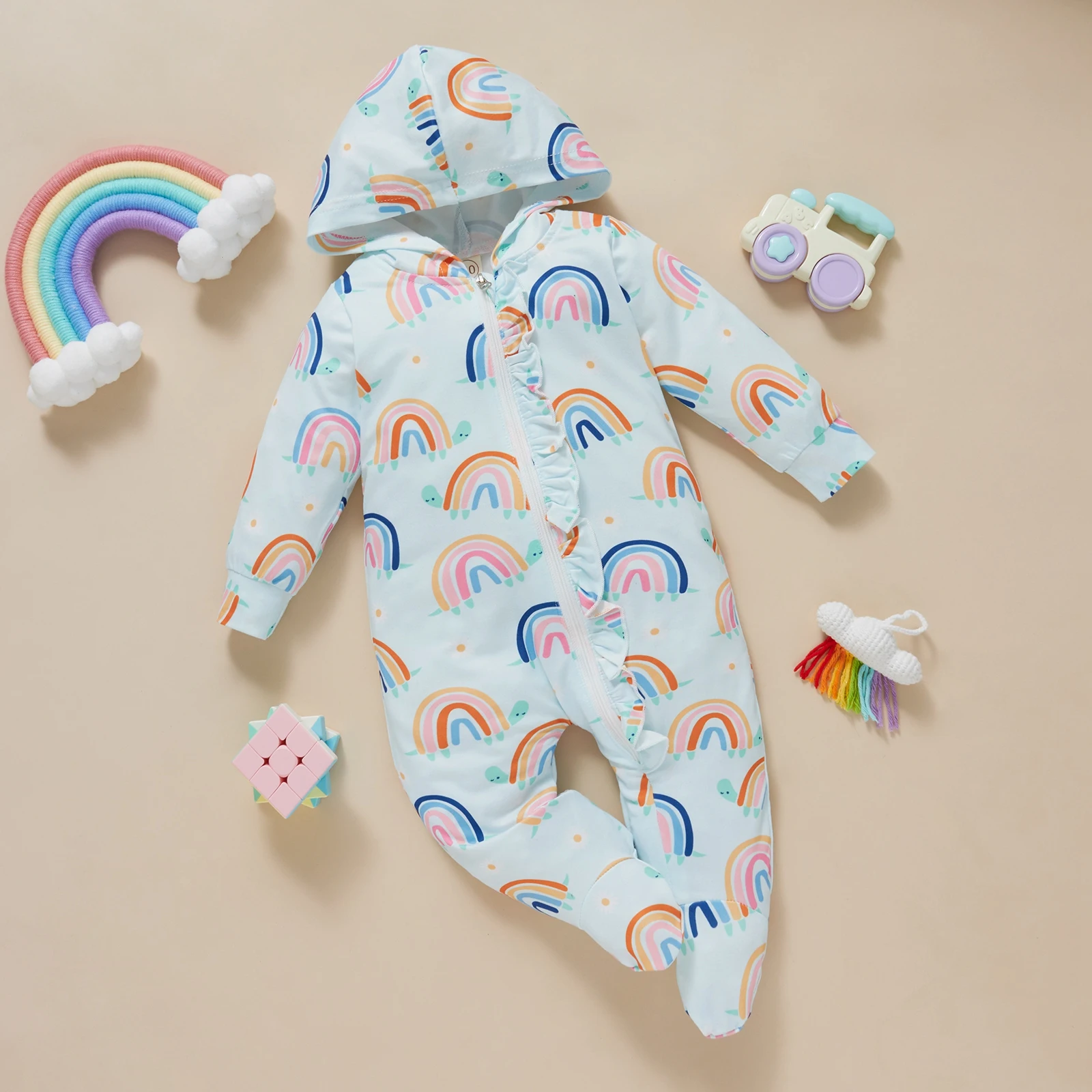 

Baby Girls Boys Casual Long Sleeve Footed Jumpsuit Fresh Rainbow Print Zipper Hooded Long Romper Overalls Footies