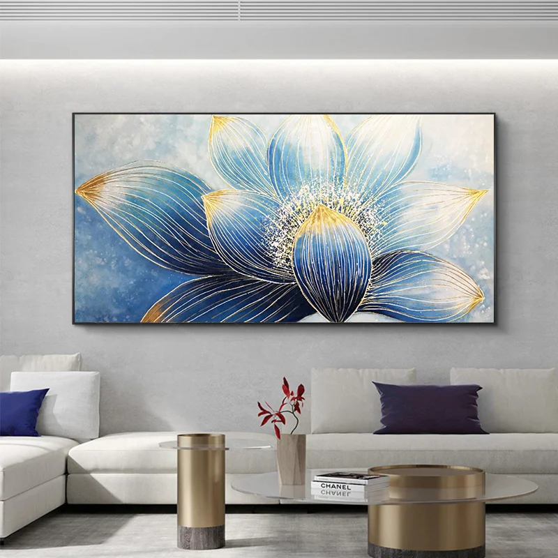 Абстрактная живопись золотая линия синий цветок на холсте настенные