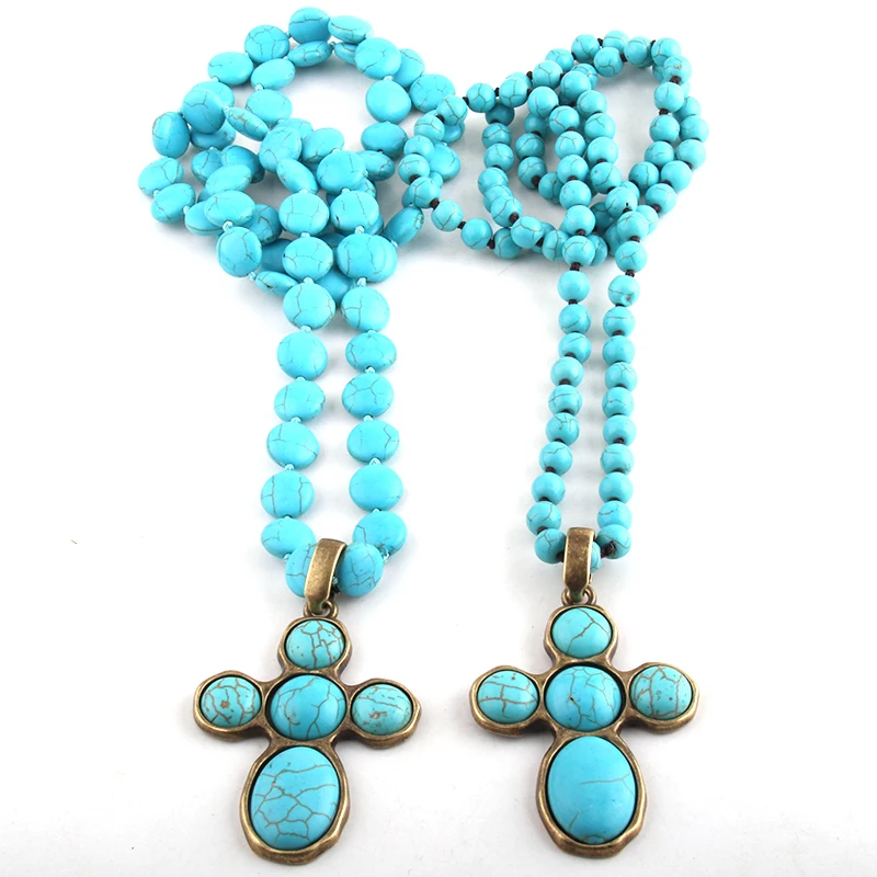 Fashion Bohemian Tribal Sieraden Blauw Platte Stenen Bead Lange Geknoopte Stone Cross Hanger Kettingen Voor Vrouwen Fashion Bohemian Tribal Sieraden Blauw Platte Stenen Bead Lange Geknoopte Stone Cross Hanger Kettingen Voor Vrouwen