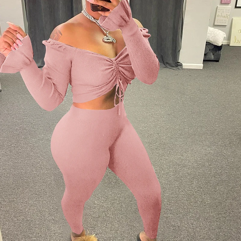 

hirigin Solid Pleated Lace Up Navel Sexy Fashion Two Piece Outfits Woman Long Petal Sleeve Slash Neck Skinny 2 Piece Set Women