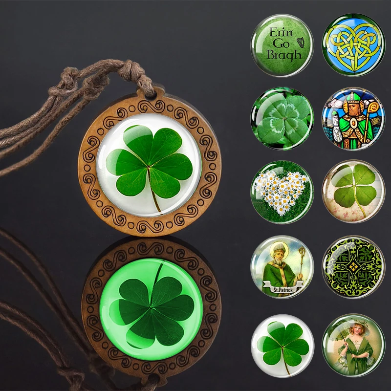 Luminous St. Patrick Day Shamrock Four-leaf Clover Wooden Necklace Glass Cabochon Daisy Lucky Jewelry Glow In The Dark