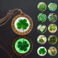 luminous st patrick day shamrock four leaf clover wooden necklace glass cabochon daisy lucky jewelry glow in the dark