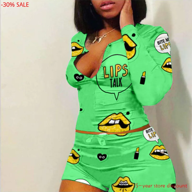 Модные женские короткие комплекты 4XL с буквенным принтом губ длинным рукавом и V