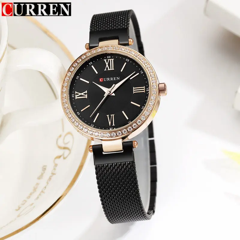 Curren Для женщин Часы Роскошные брендовые золотистый и черный браслет Кварцевые