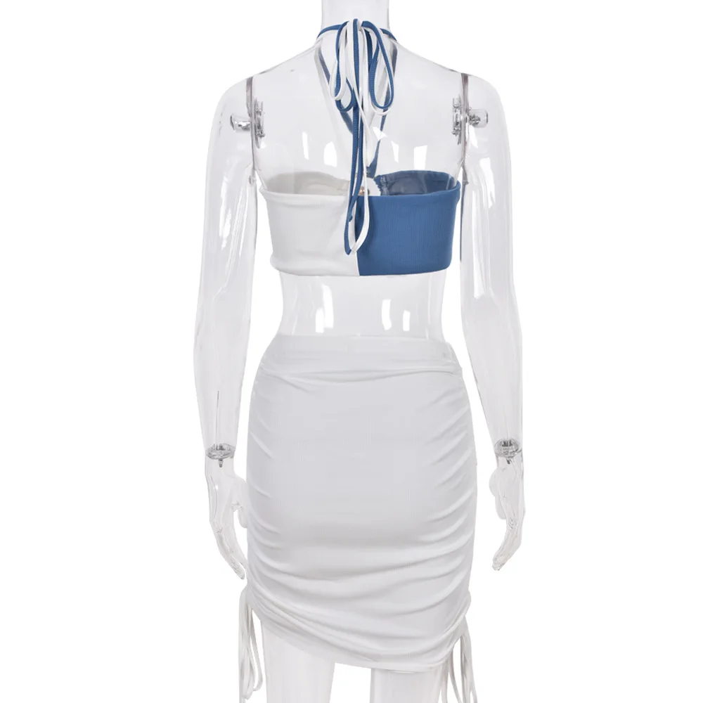 

Fashion Metal Cut Out Sexy Backless Halter Crop Top And Drawstring Ruched Mini Skirts Women Outfits 2021 Summer Matching Set