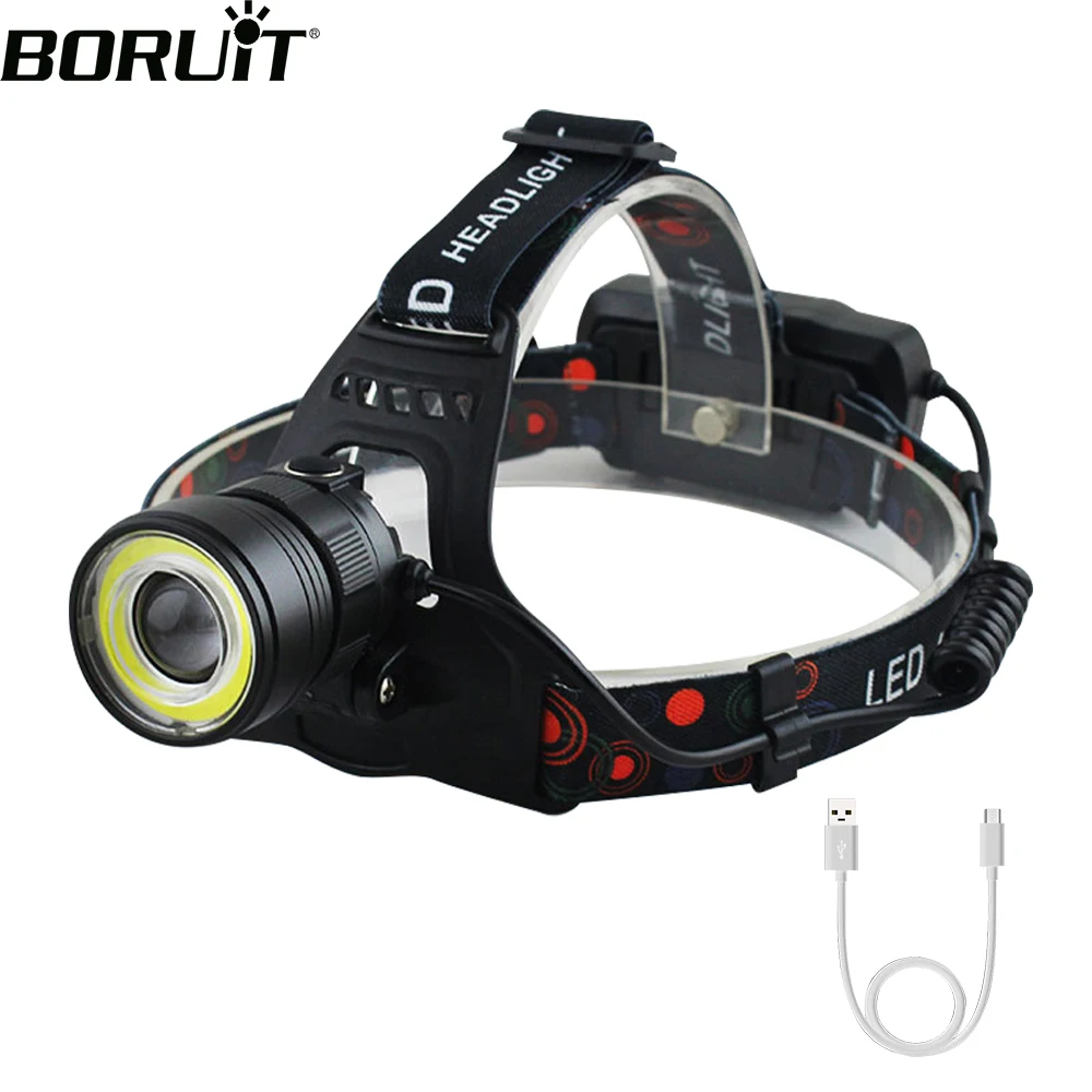 BORUiT Zoomable Powerful COB LED Headlamp USB Rechargeable Headlight Waterproof Camping Head Torch Fishing Flashlight Lantern
