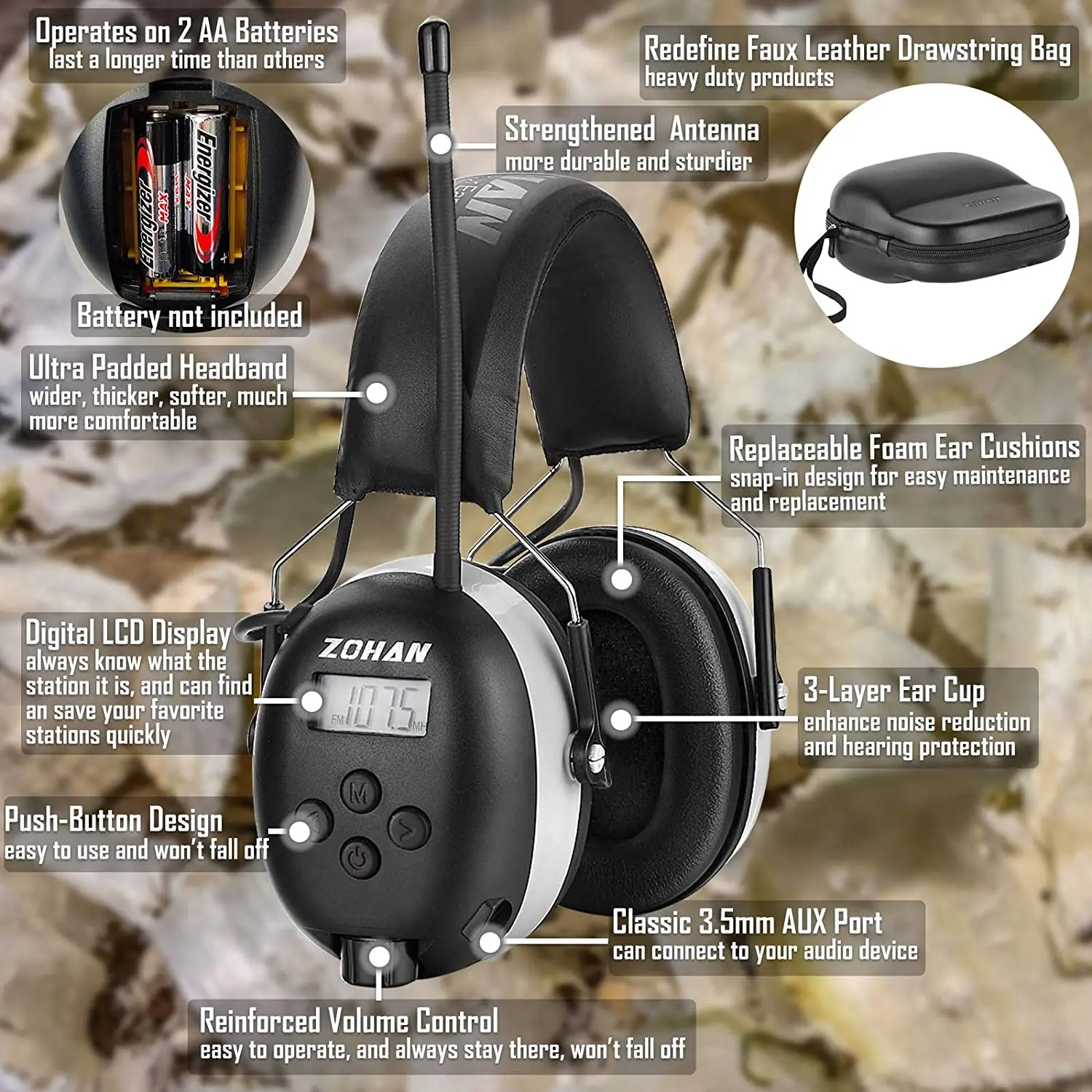 Наушники ZOHAN с функцией подавления шума Защита слуха FM/AM защита ушей чехол для