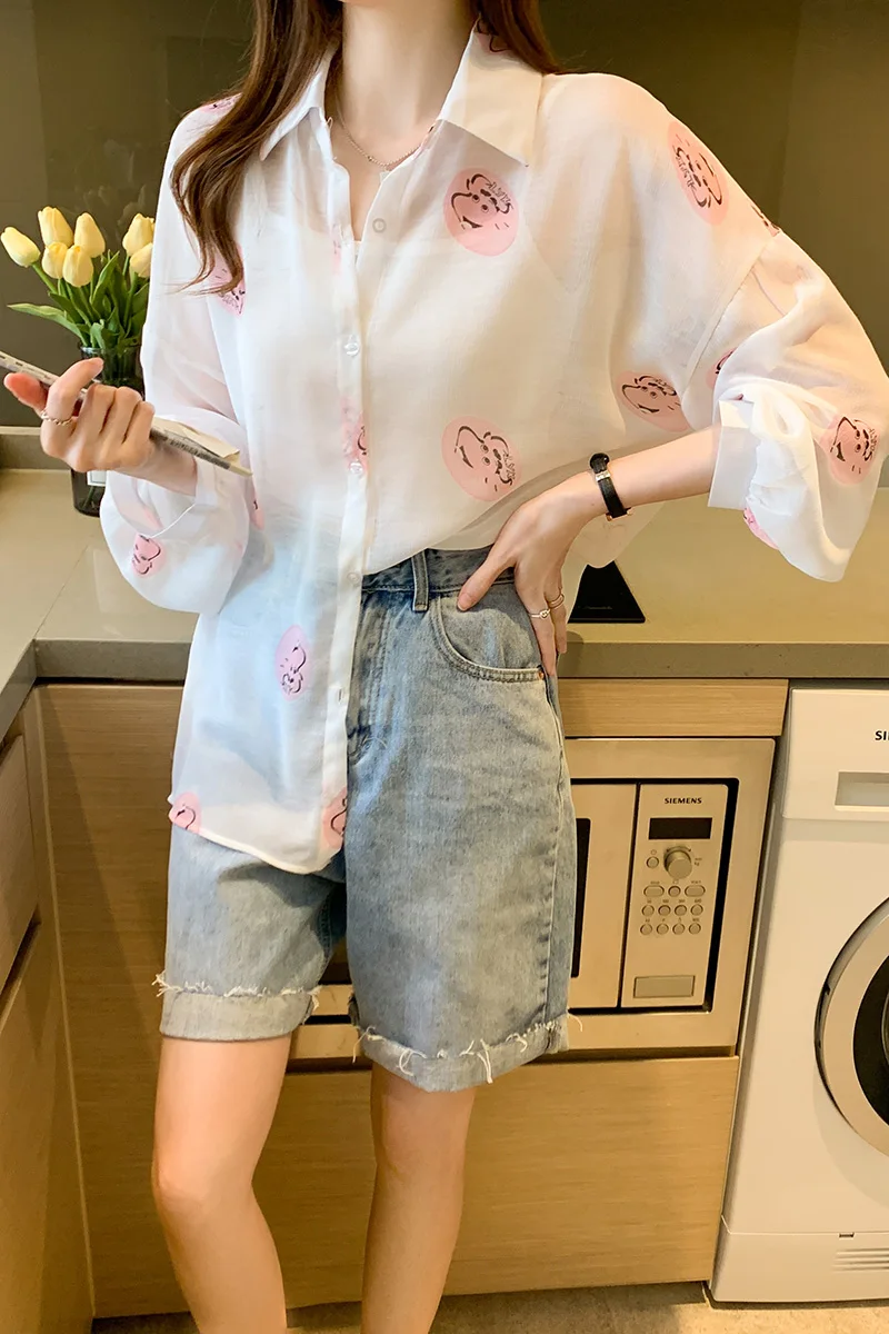 

Chiffon Loose Plus Size Women's Shirts New Fashion Blouses Casual Long Sleeve Blusas Printing Polo Shirts Summer Houthion