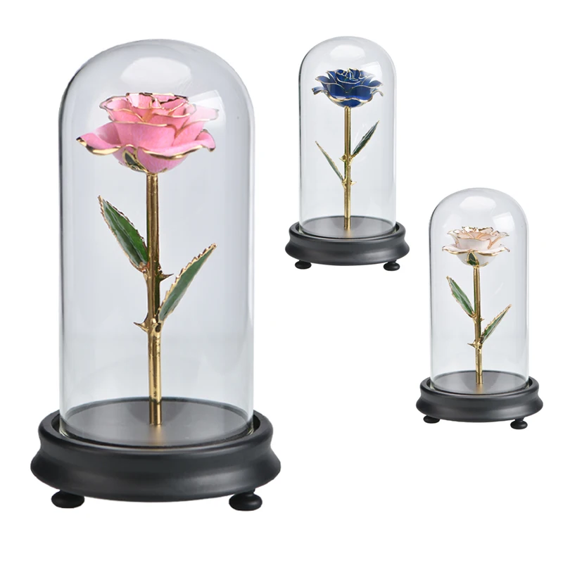 Реалистичная розовая в стеклянном куполе из 24 каратного золота искусственный