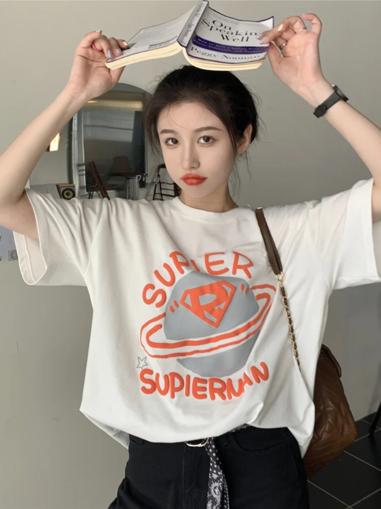 

Korean Version Loose Pure Cotton T-Shirts Female The New Geometric Letters Pattern Preppy Style O-neck Tees Women's Summer Tops