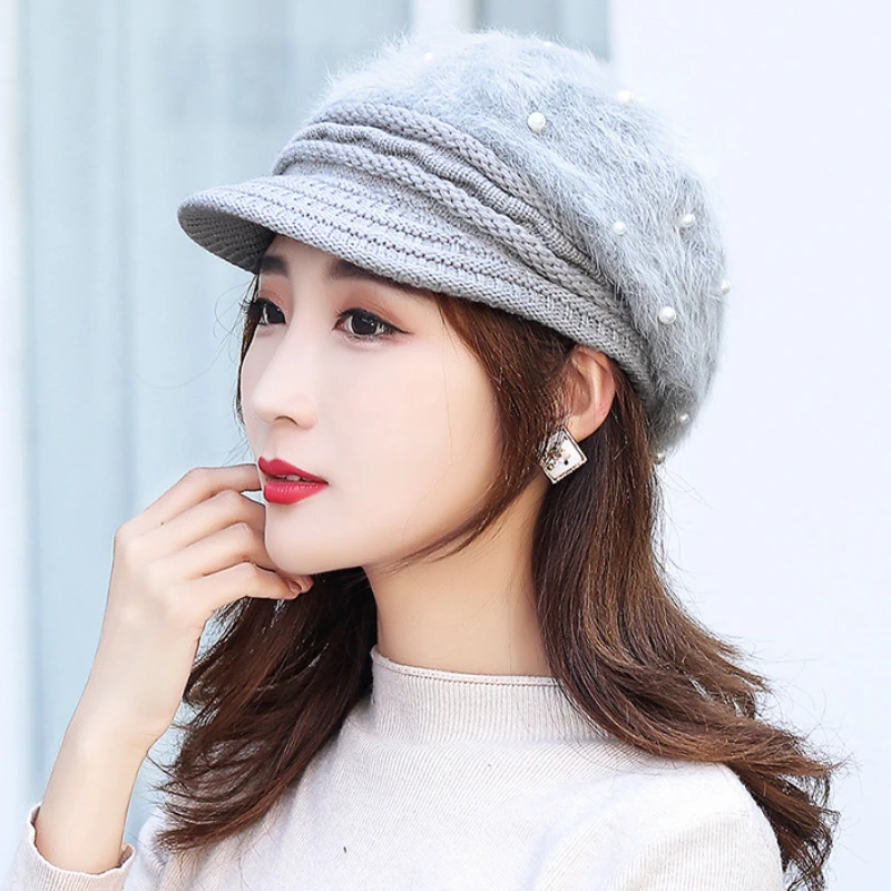 Береты новые модные зимние шляпы для женщин Толстая теплая шапка с кроличьим