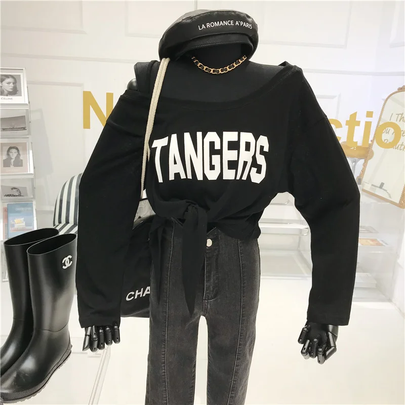 

Long-Sleeved T-shirt Women's 2020 Autumn New Korean-Style Loose Printed Letter Sexy Off-Shoulder T-shirt Top Fashion Women