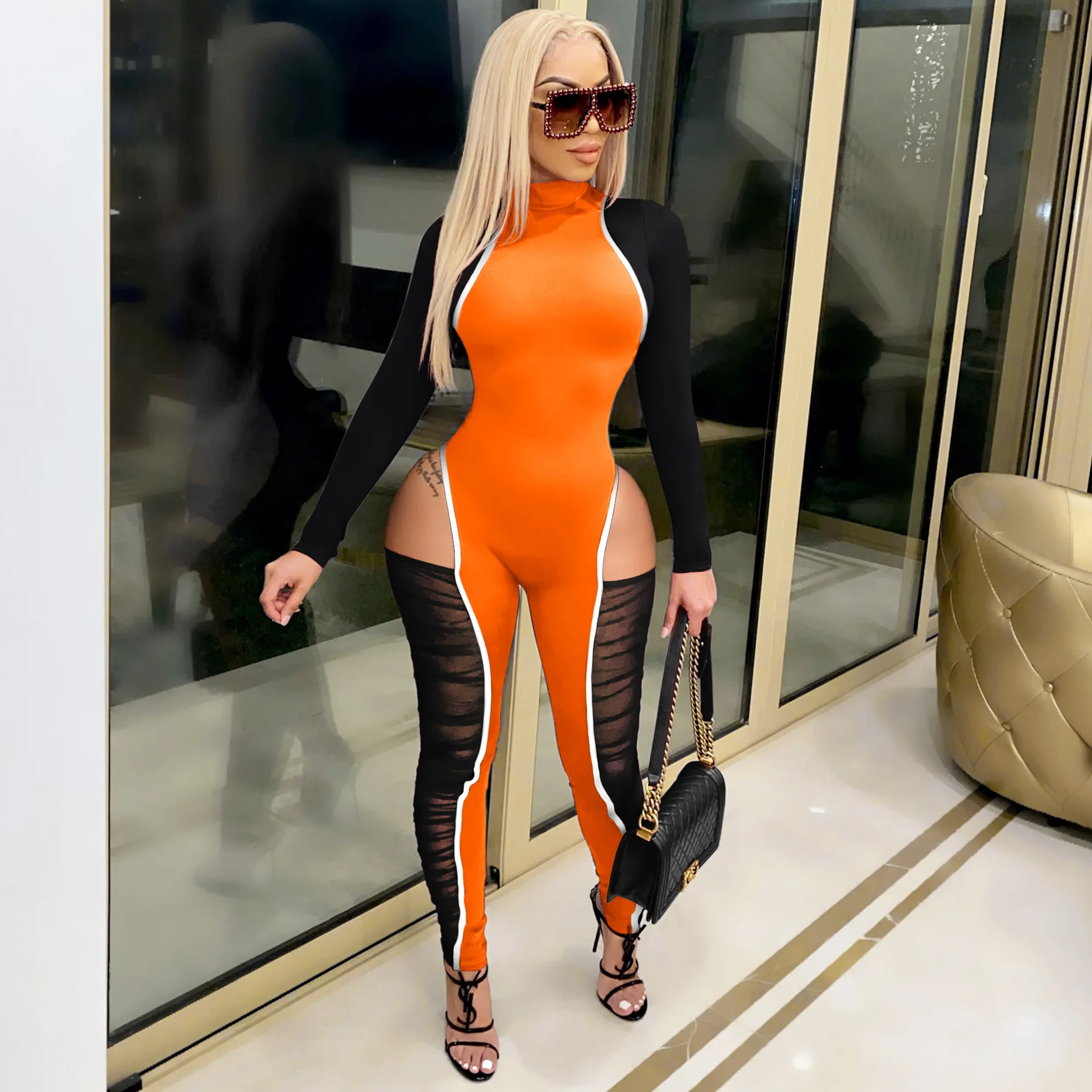 ANJAMANOR Сексуальный черный комбинезон для женщин больших размеров одежда клуба наряды полый из сетки прозрачный комбинезон с длинными рукавами боди-кон Ромпер D48-DA35 on.