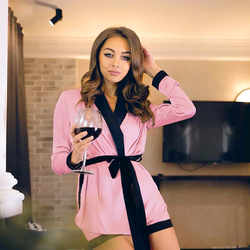 Женские шелковые пижамы с длинным рукавом HiLoc комбинированный сексуальный халат