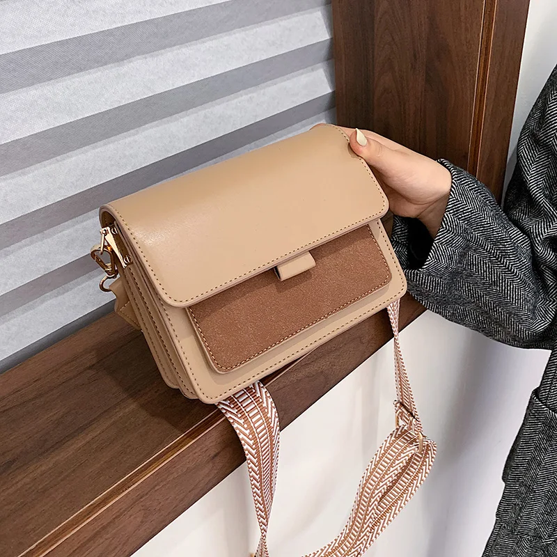 

Casual Leather Square Women Crossbody Bag Fashion Stripe Wide Shoulder Strap Female Shoulder Bag Patchwork Small Messenger Bag