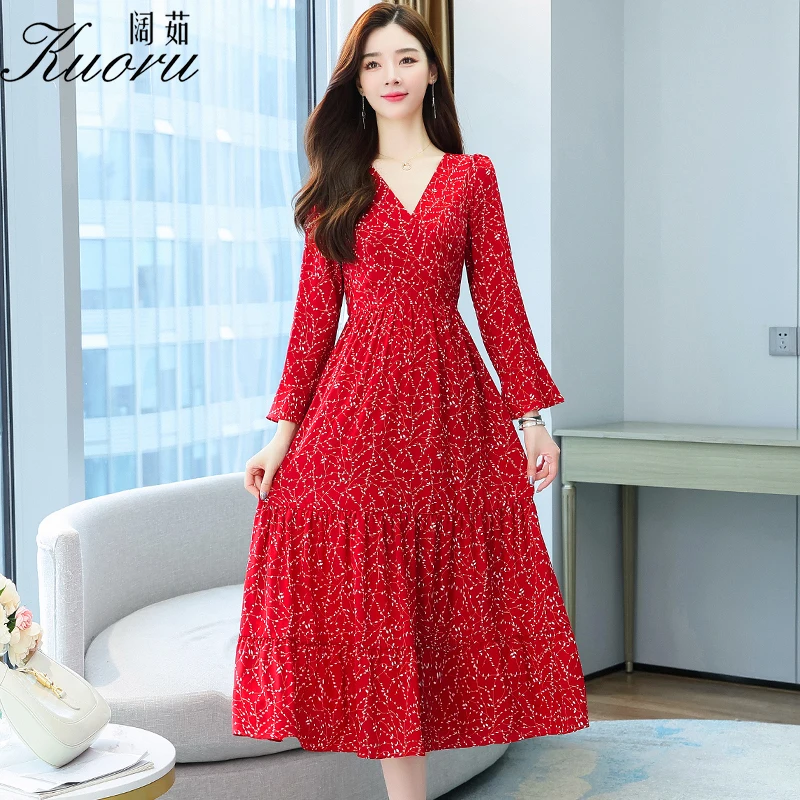 

Chiffon Women Midi Red Casual Dress Vestito Floreale Autumn Robe Longue Vestiti Donna Eleganti Long Sleeve For Party Vestidos