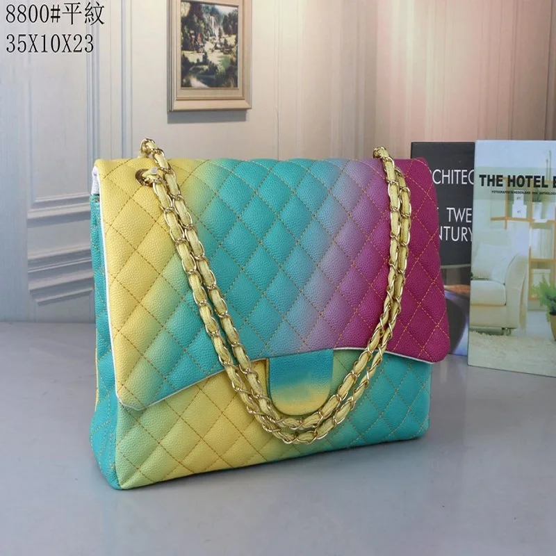

High-end design with LOGO large-capacity ladies double-cover rainbow bag, one-shoulder messenger portable diamond chain bag
