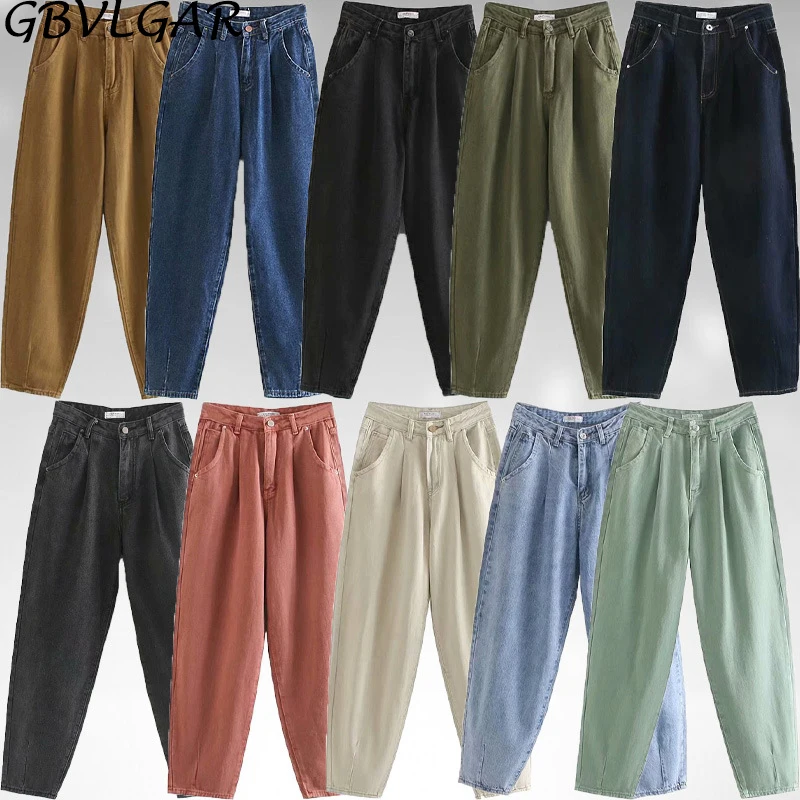 

2021 Women Streetwear Pleated Mom Jeans Casual High Waist Streetwear Boyfriends Washed Denim Long Trousers Bottoms Slouchy Jeans