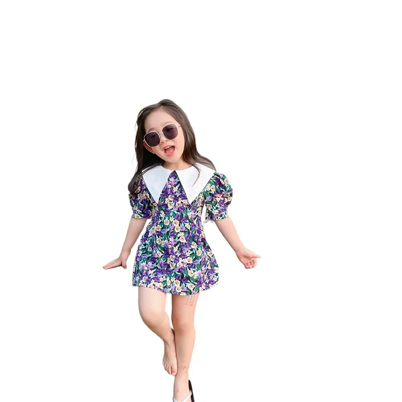 2020 New Summer Little Girls Short Puff Sleeve Floral Chiffon Lapel Collar Princess Dresses Toddler Children Fashion Sweet Dress | Детская