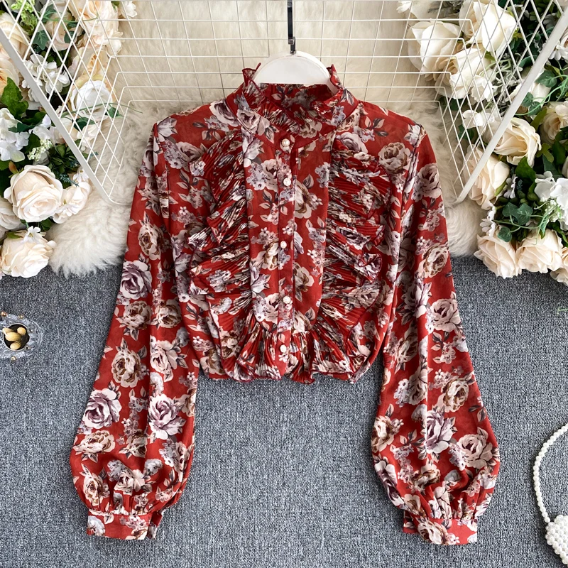 

Autumn Floral Print Blouse Women Korean Long Sleeve Blusas Lady Fall Ruffles Tops for Women