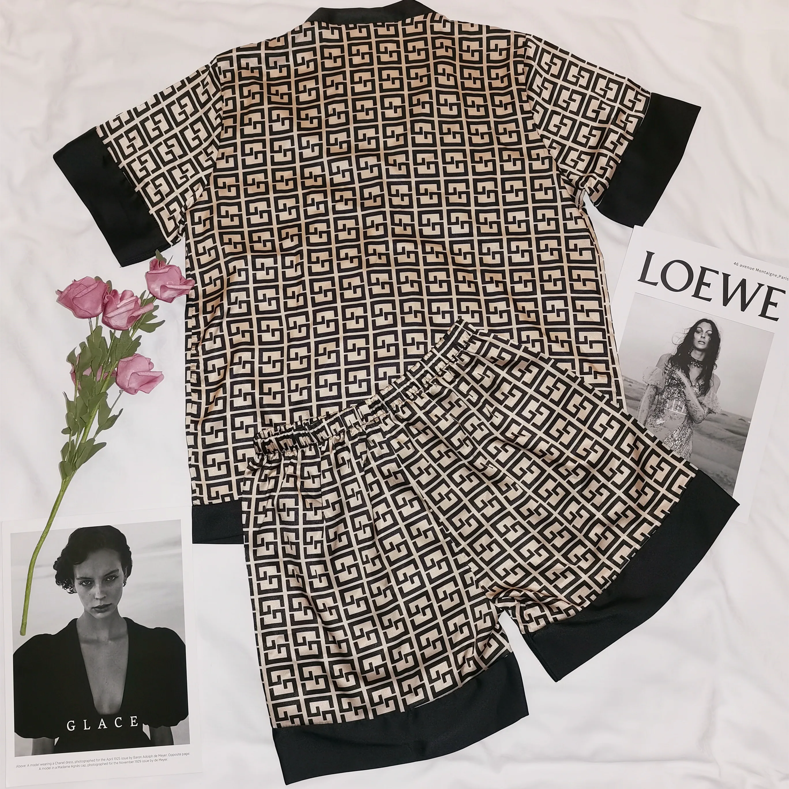 

New Women's Pajamas Set Luxury Style Fashion Cross Letters Print Short Sleeve Sleepwear Silk Like Leisure Home Clothes Nightwear