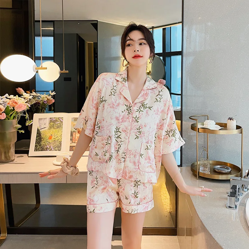

Silk Pajamas for Women Lapel Cardigan Home Clothes Sleepwear Women Cotton Silk Printing Loose Short Sleeve 2-piece Set