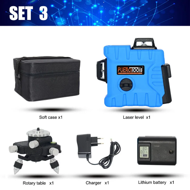 SET 3 PUERCI P7CG 12 линий 3D уровень самонивелирующийся 360 горизонтальный и вертикальный крест супер мощный зеленый лазерный луч линии - Цвет: SET 3