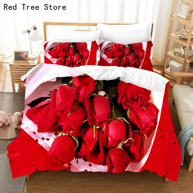 Роскошный комплект постельного белья розового красного цветов романтичные