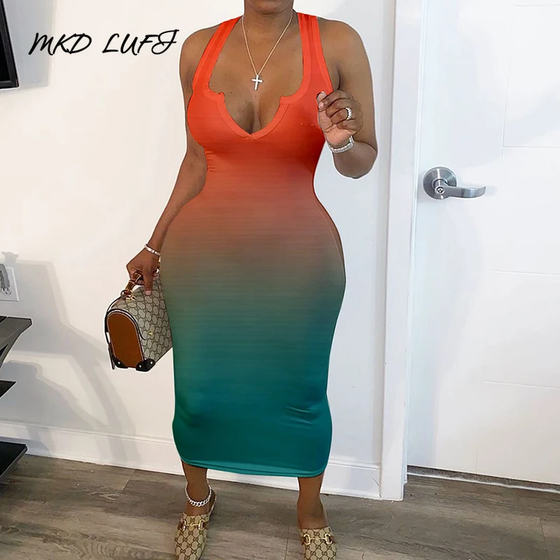 Mid-Calf Print Sleeveless Pullover Gradient Dress Women V Neck Thick Strap Sheath Bodycon Dresses | Женская одежда