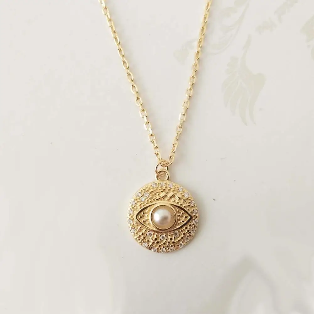 

LOZRUNVE 925 sterling Silver Turkish Evil Eye Coin Pearl Pendant Necklace Gold