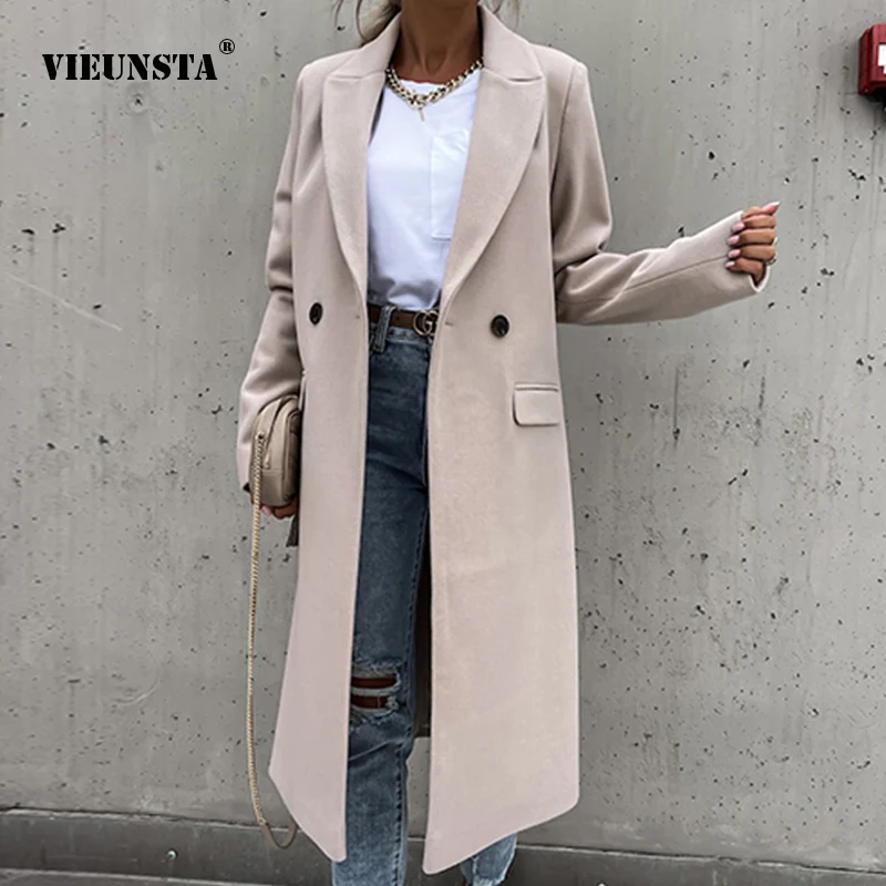 

Winter Casual Vintage Long Sleeve Warm Overcoat Women Autumn Suit Collar Long Woolen Coats Fashion Elegant Solid Buttoned Jacket