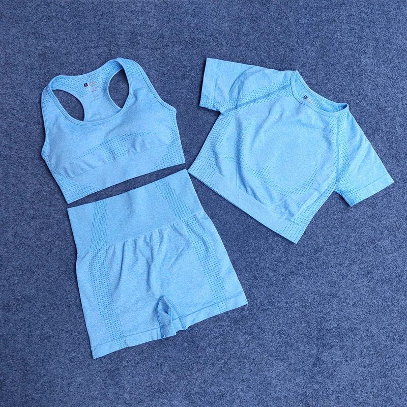 Vital Seamless Yoga Bra Woman Sportswear 3pcs Short Sleeve Crop Top+Gym Leggings+Sport Brassiere Female Fitness Sports Suits | Спорт и