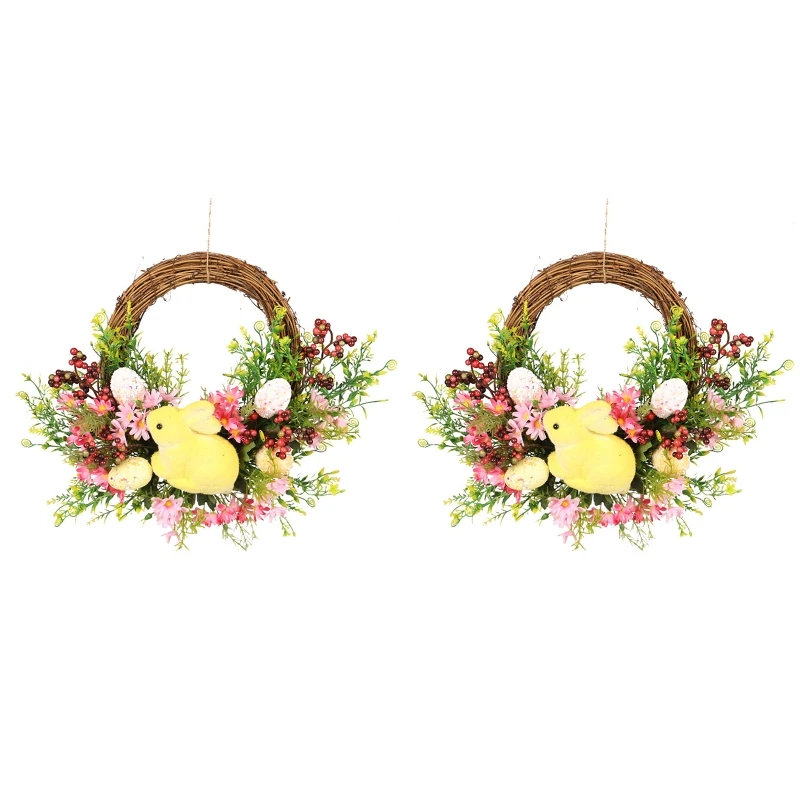 

270F DIY Rattan Bunny Rabbit Wreath Garland Door Window Wall Hanging Easter Ornaments Home Party Decor