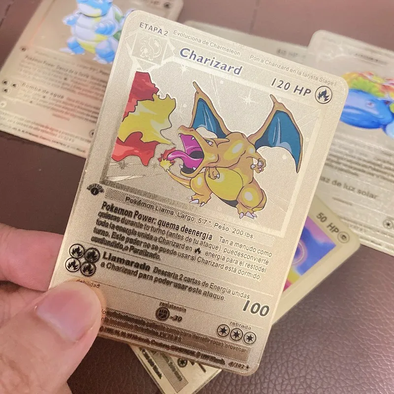 Juego de cartas de Pok&eacute;mon en espa&ntilde;ol, set de 5 unids/set de cartas de edici&oacute;n limitada de Pikachu Charizard de Metal dorado, colecci&oacute;n de tarjetas de juego de regalo-3