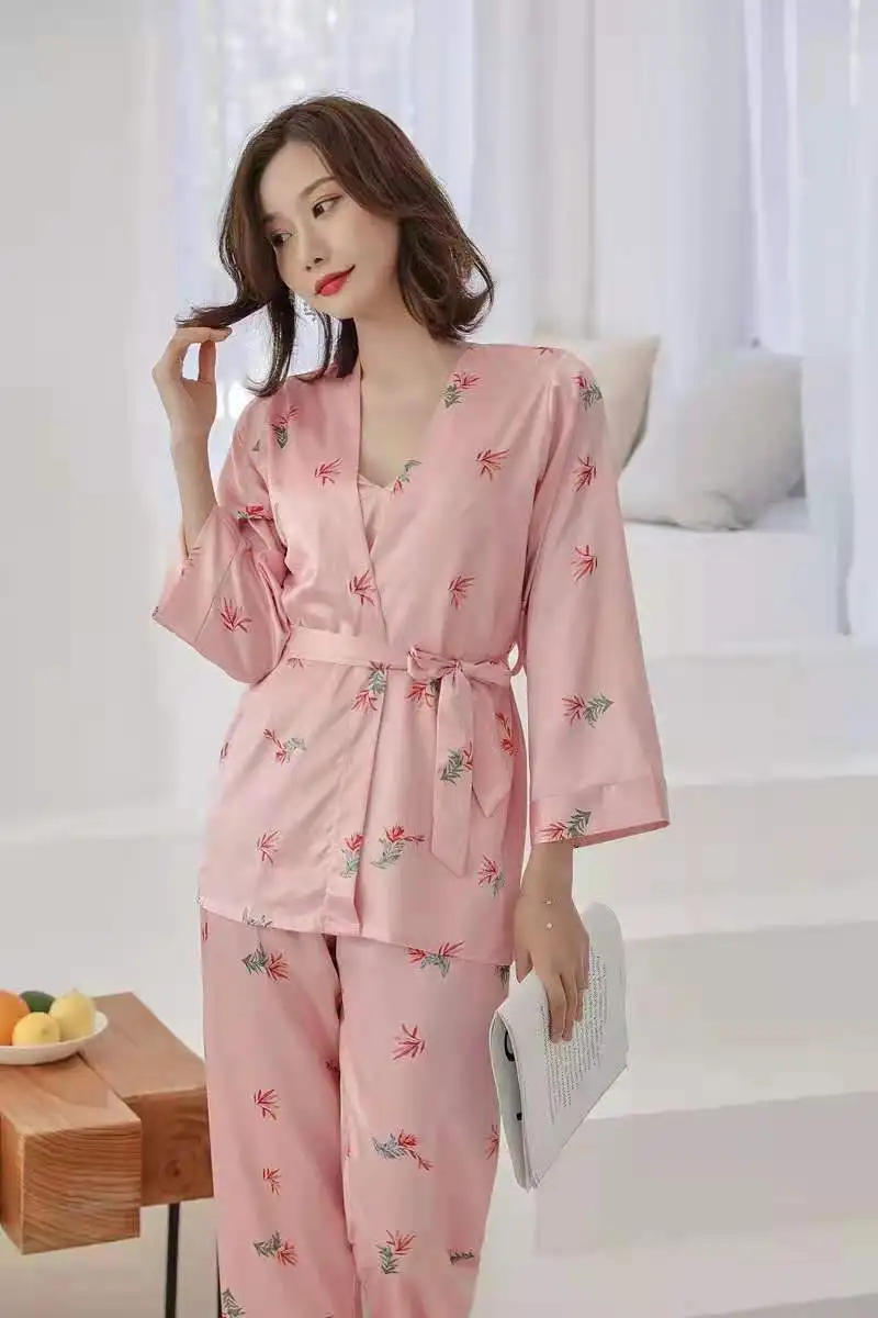 

Wmyqdlq Women's Sexy Ice Silk Pajamas Three-Piece Long-Sleeved Suspenders Thin Section Women's Summer Home Service Comfortable