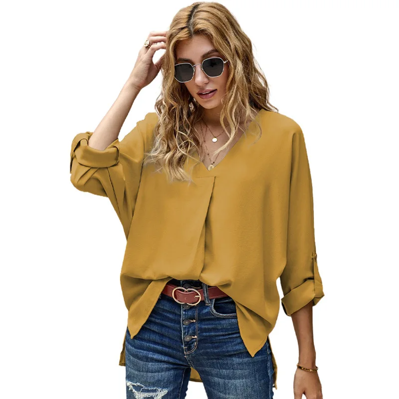 

Spring/Summer 2021 Shirt Women New Solid Color Blouse Fashion v-Neck Pullover Ladies Loose Cool Chiffon Shirts Tops Clothing
