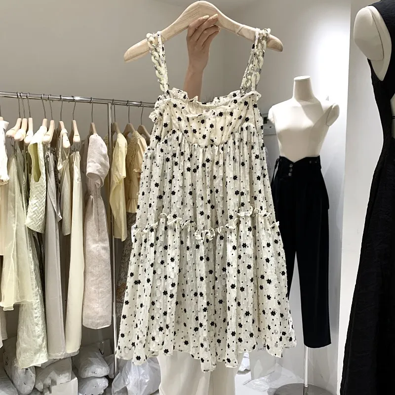 

Fairy French Floral-print Strap Pleated Dress Women 2021 Summer Blue Embroidery Sweet Sexy Sleeveless Beach Knee-length Dress