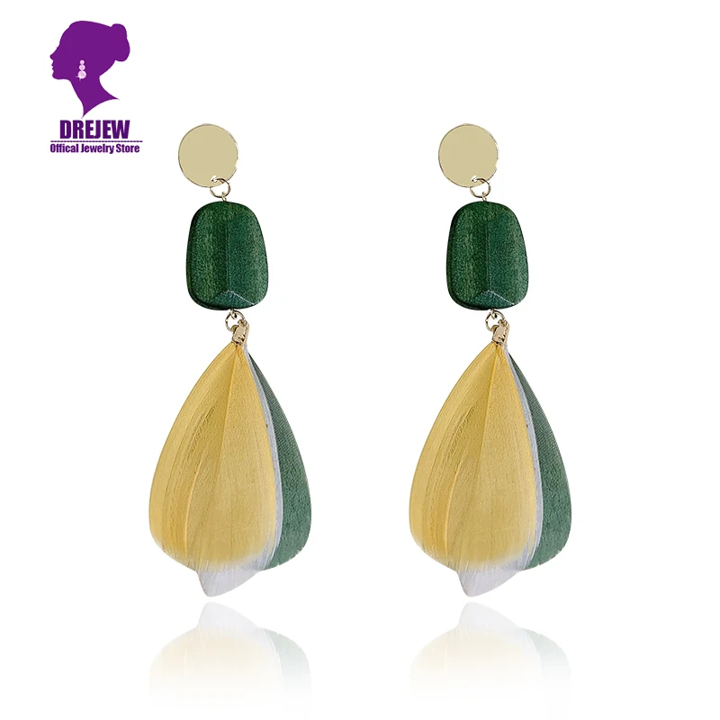 DREJEW Contrast Color Yellow Green Feather Statement Drop Earrings Fashion Long Women's Alloy Dangle Wedding Christmas | Украшения и