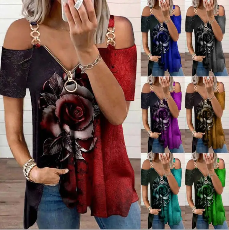 

New Fashion Women Tees Female Big Large Off Shoulder Summer Zipper Boho Sexy Casual Tops Femme Short Sleeve T Shirts Plus Sizes