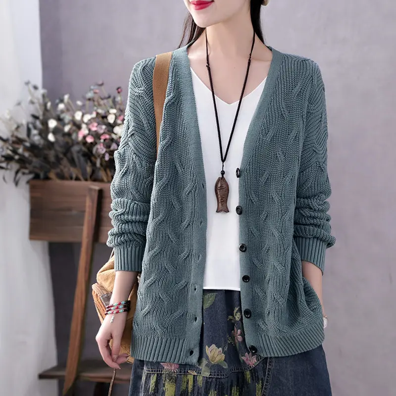 

Литературный однотонный кардиган в стиле ретро с V-образным вырезом, Женская шерстяная вязаная рубашка, топ, свободная уличная одежда с длин...