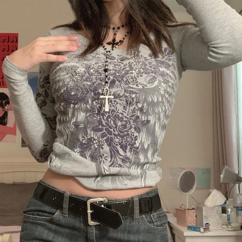 

Ретро Y2K гранж футболки Fairycore Harajuku с графическим принтом серые милые повседневные футболки уличная одежда темные академические Топы