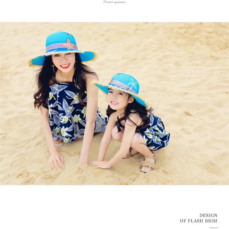 National Graffiti Hand-painted Sea Hair Edge Lafite Straw Hat Female Summer Holiday Vacation Beach Shade Parent-child Sun Hats |