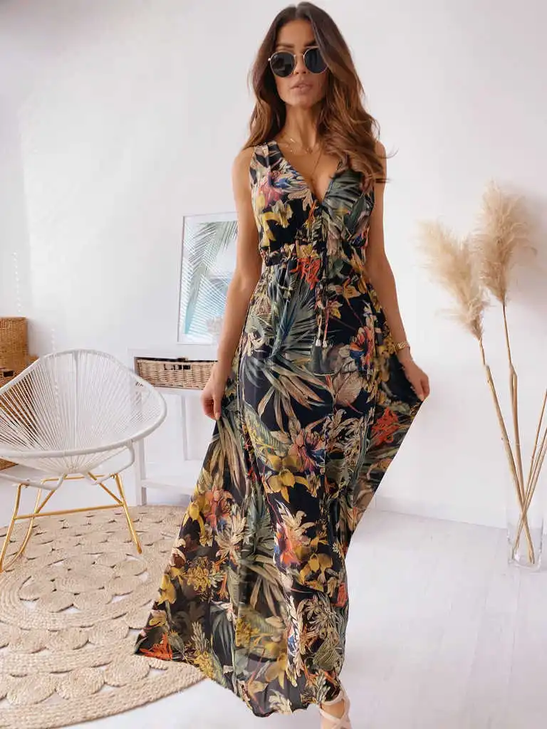 

Vintage Lace-Up Backless Long Dress Elegant V Neck Party Dress Women Sexy Slim Elastic Waist Maxi Dress
